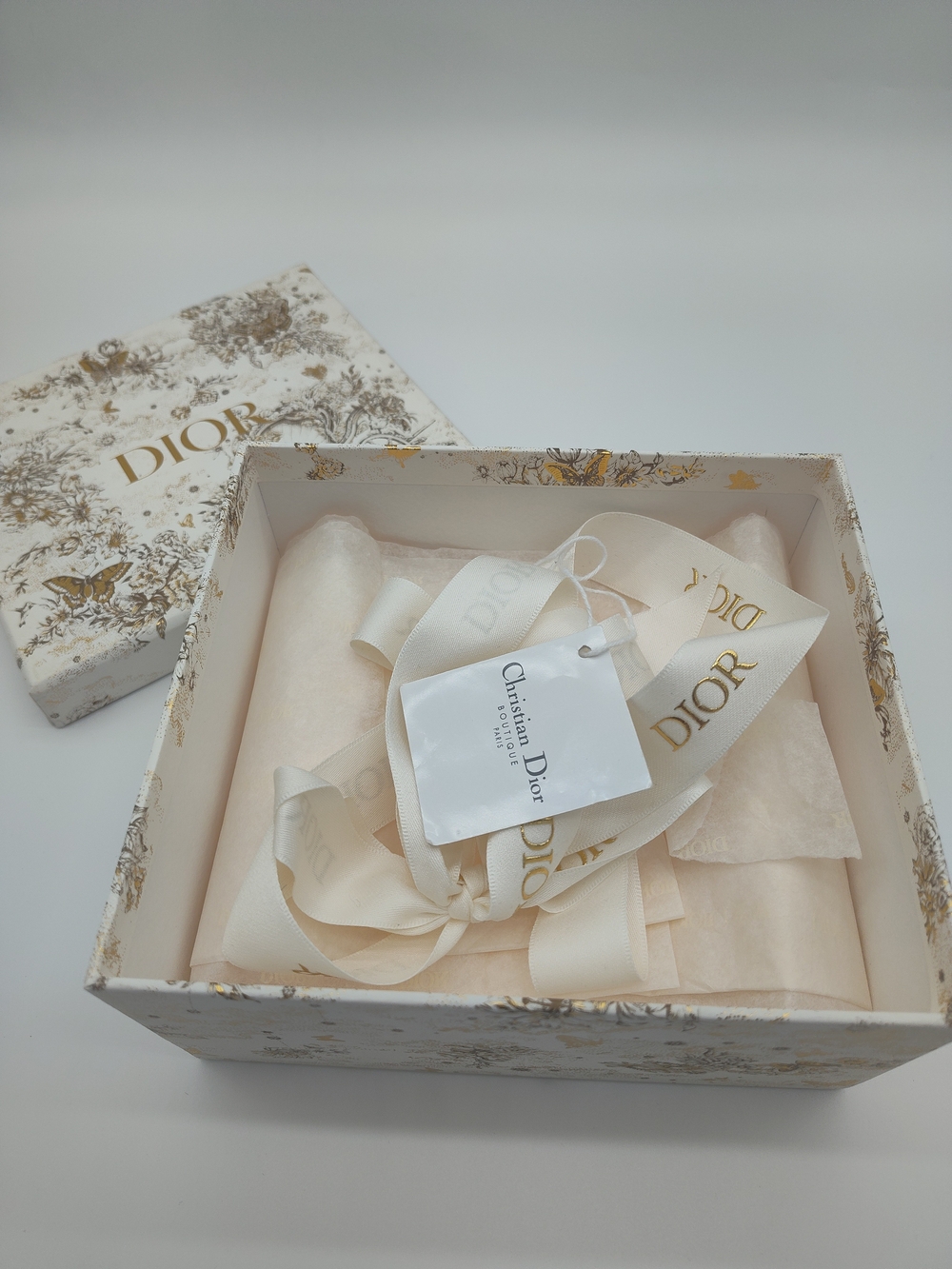 DIOR Limited Edition Holiday Gift Box Ribbon Tissue Gold Foil Butterfly EUC
